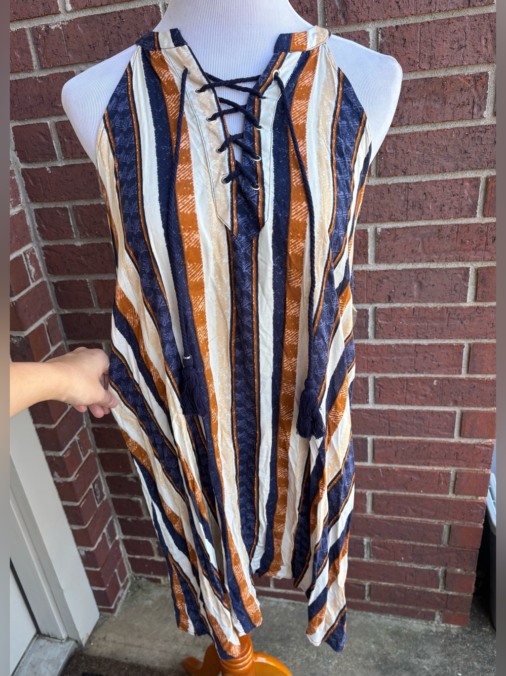 J for Justify Striped Halter Dress in Navy, White & Mustard